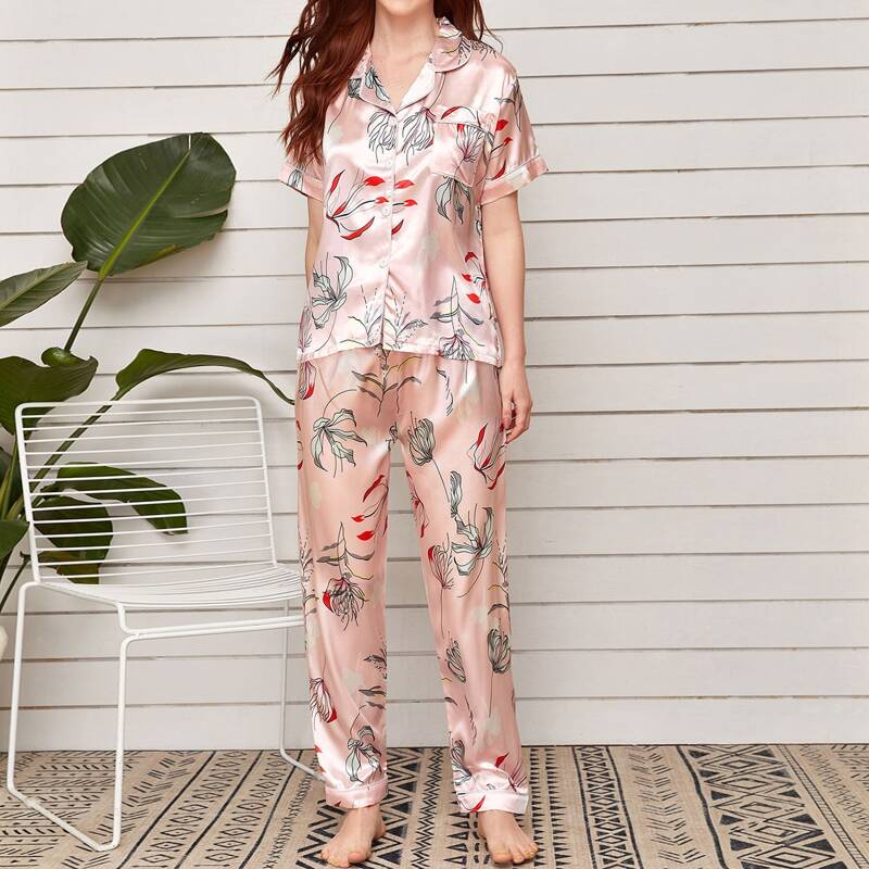

Plants Print Button Front Satin PJ Set, Pink