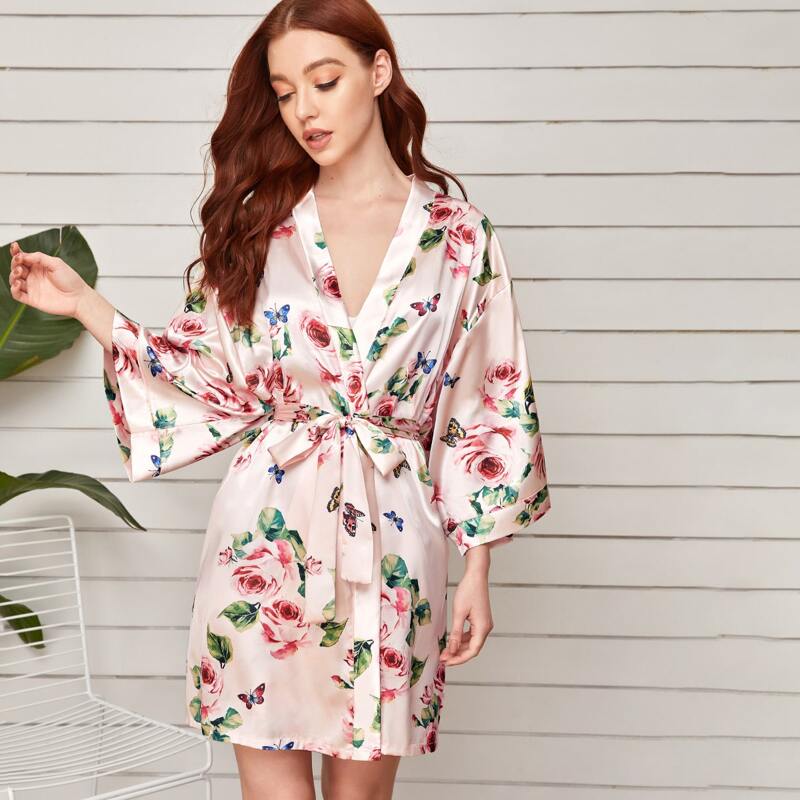 

Floral Print Belted Satin Robe, Pink
