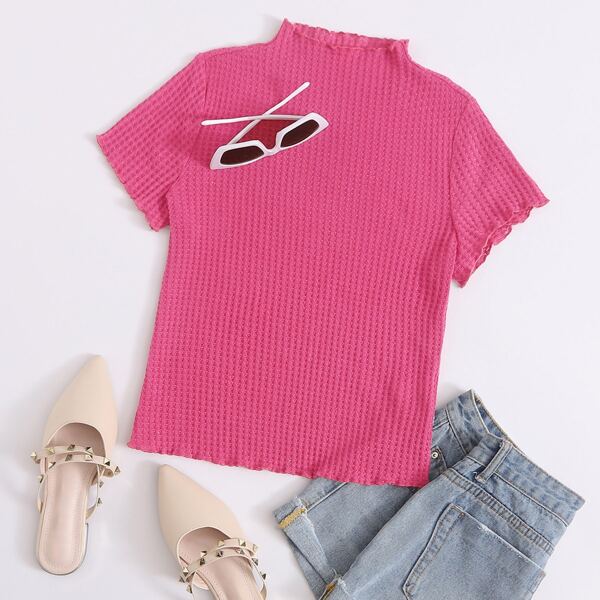 

Lettuce Trim Waffle Knit Top, Pink bright