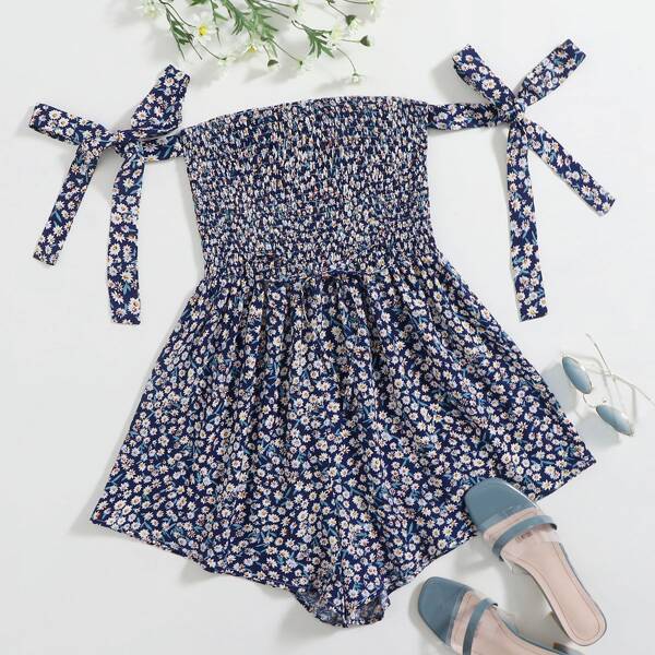 

Shirred Bodice Knot Sleeve Ditsy Floral Bardot Romper, Navy blue
