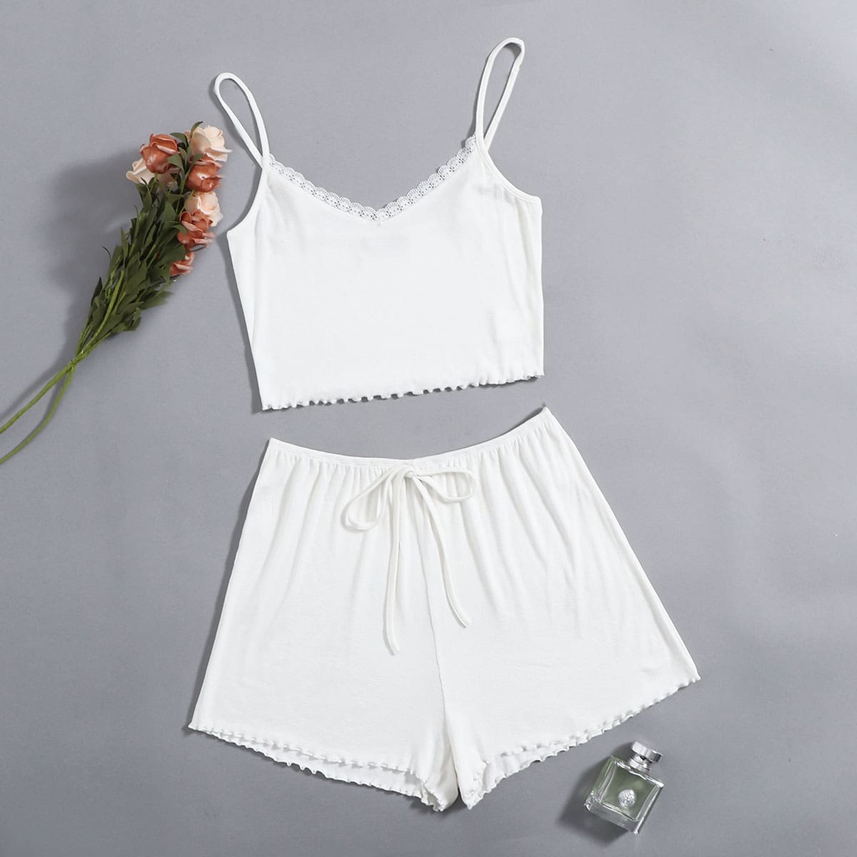 

Lace Trim Cami Top and Tie Front Shorts PJ Set, White