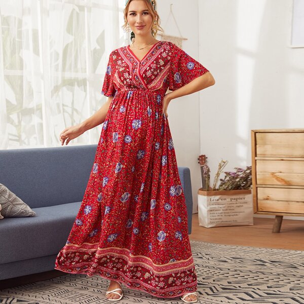 

Maternity Tribal and Floral Print Surplice Neck Maxi Dress, Red