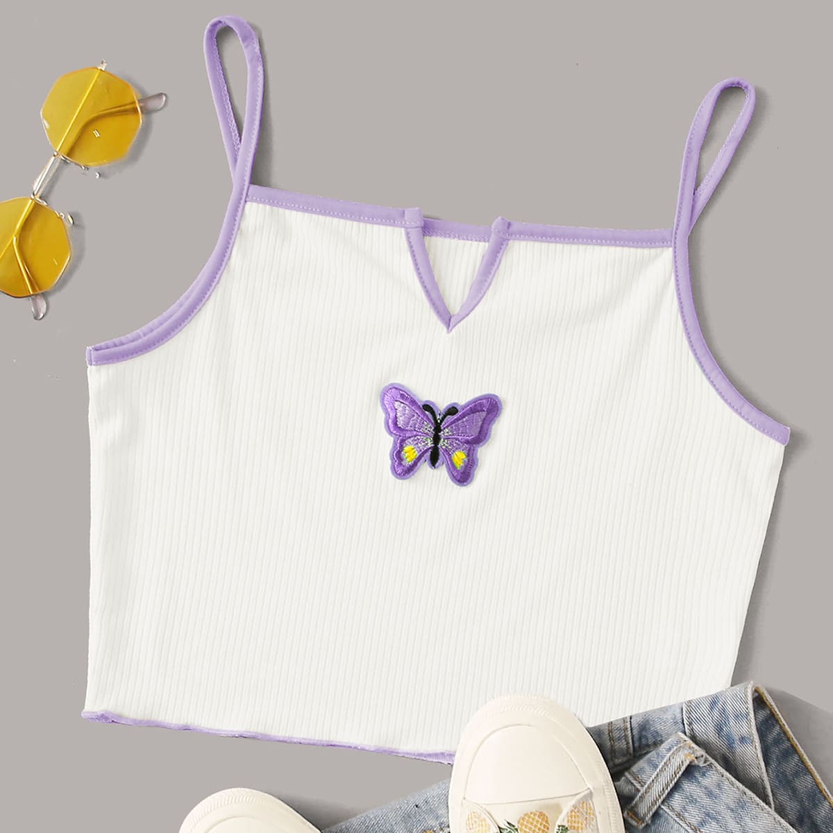 

Butterfly Embroidery Crop Cami, White