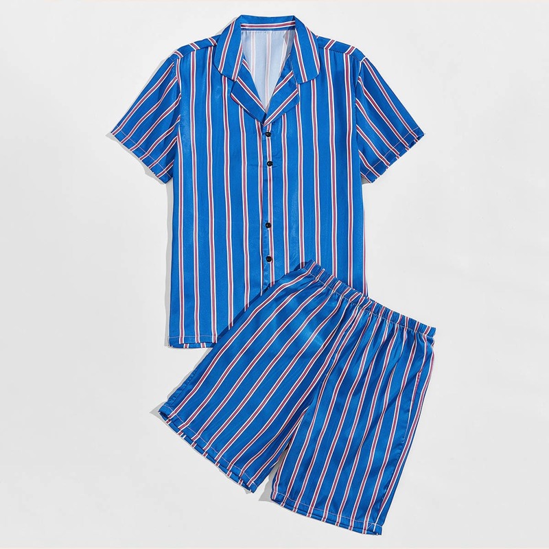 

Guys Lapel Neck Striped Shirt & Shorts PJ Set, Blue