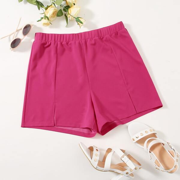 

Plus Elastic Waist Split Hem Shorts, Pink