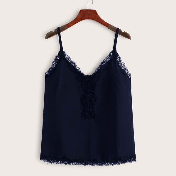 

Contrast Lace Trim Cami Top, Navy blue