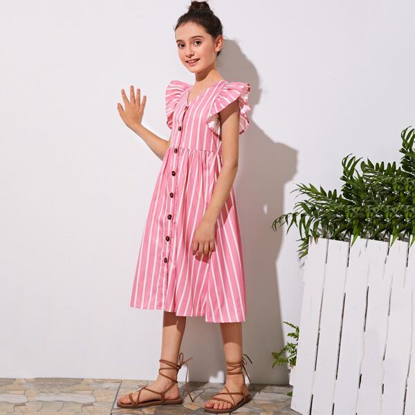 

Girls Single Breasted Ruffle Trim Striped Dress, Pink