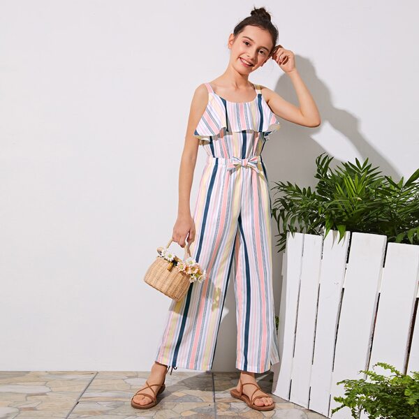 

Girls Ruffle Trim Bow Detail Wide Leg Striped Jumpsuit, Multicolor