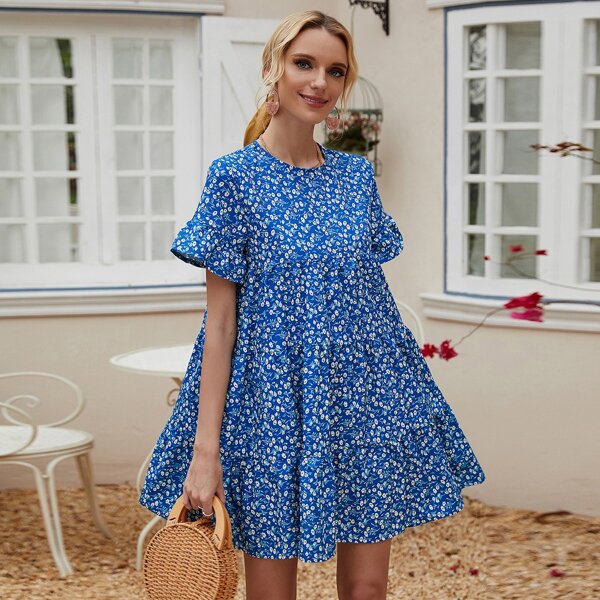 

Ditsy Floral Print Smock Dress, Blue
