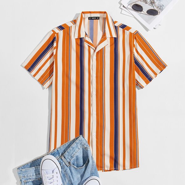 

Men Revere Collar Striped Shirt, Multicolor