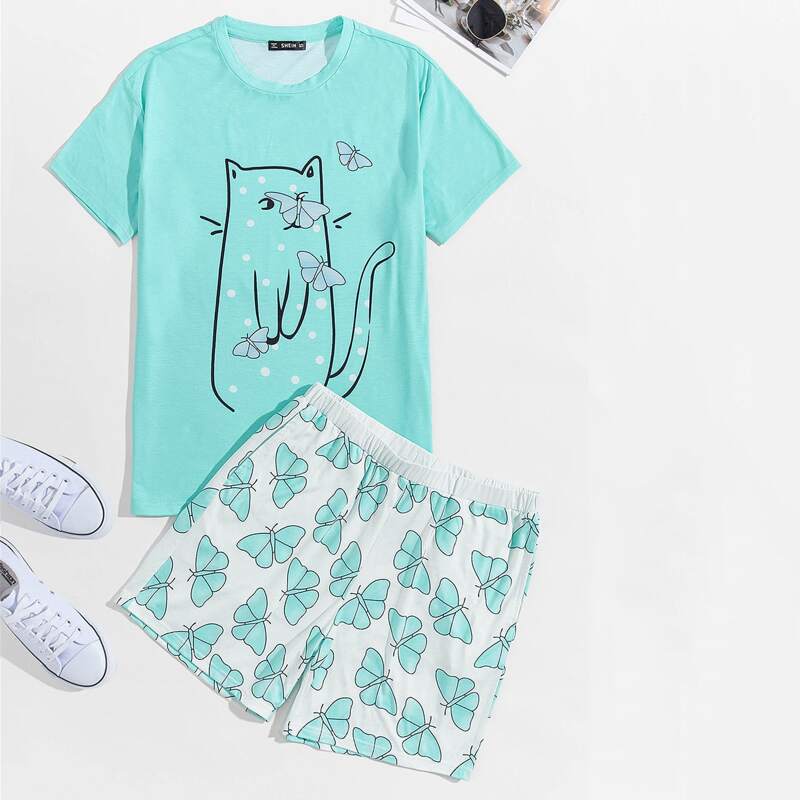 

Guys Cat and Butterfly Print Top & Shorts PJ Set, Multicolor