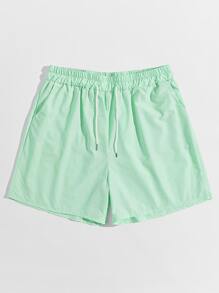 ROMWE MEN Quần Short Nam Dây kéo màu trơn Giải trí - Màu xanh Bạc hà - Xem 1