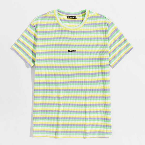 

Men Letter Embroidery Colorful Striped Rib-knit Top, Green