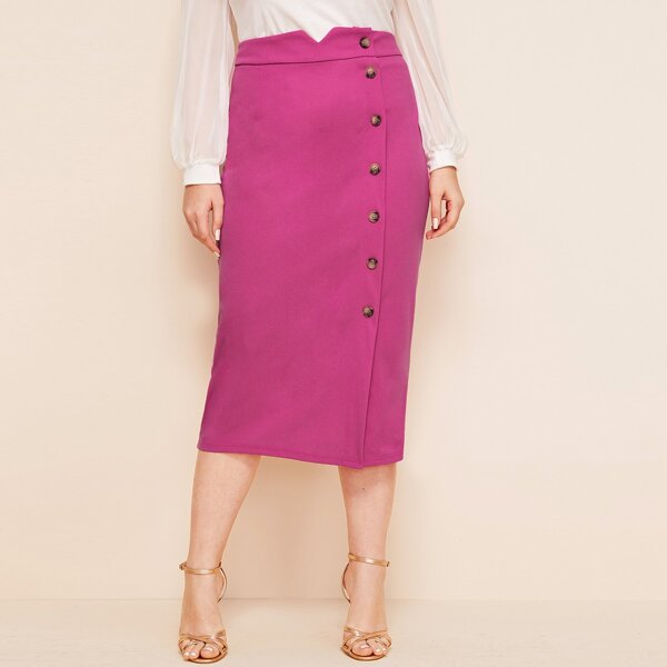 

Plus Notch Waist Button Up Skirt, Pink