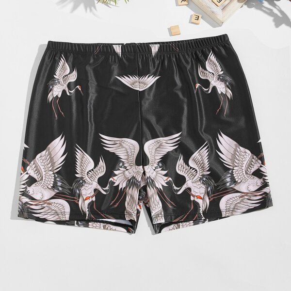 

Men Crane Print Swim Trunks, Black
