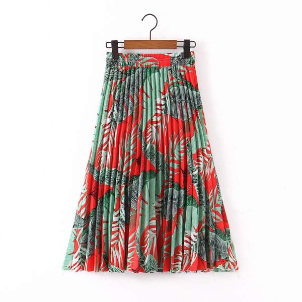 

Plus Tropical Print Pleated Skirt, Multicolor