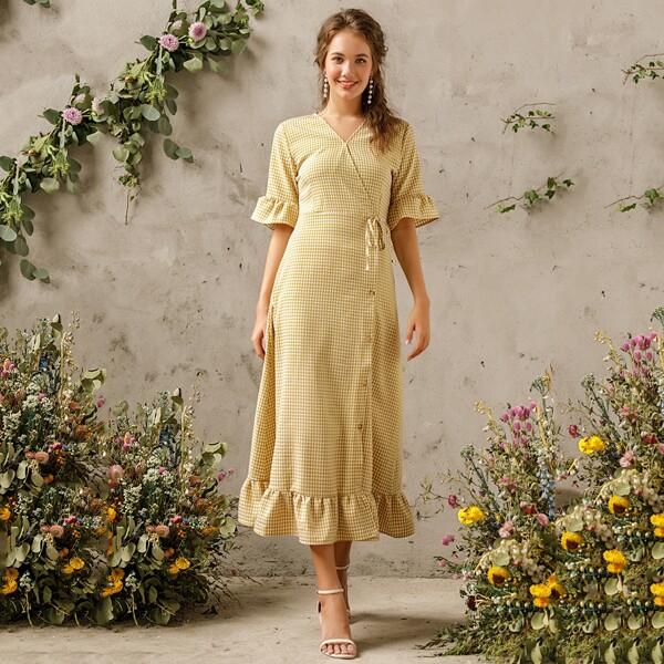 

Gingham Tie Side Button Front Dress, Yellow
