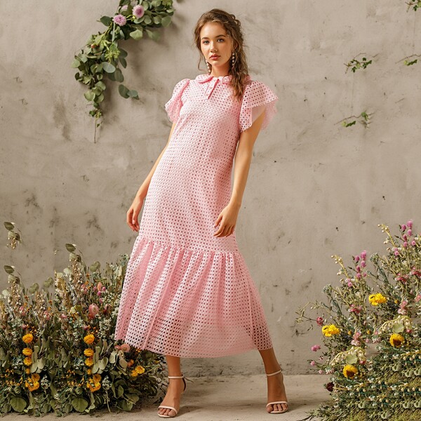 

Solid Ruffle Hem Hollow Out Dress, Pink