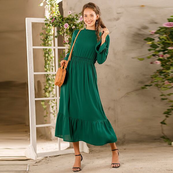 

Solid Frill Ruffle Hem A-line Dress, Green