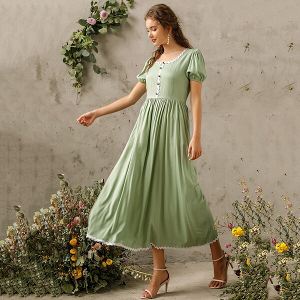 

Contrast Binding Puff Sleeve A-line Dress, Green