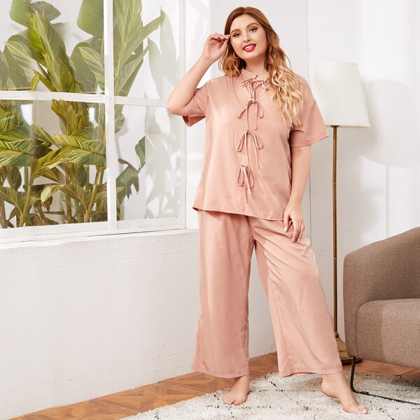 

Plus Knot Front Solid PJ Set, Pink