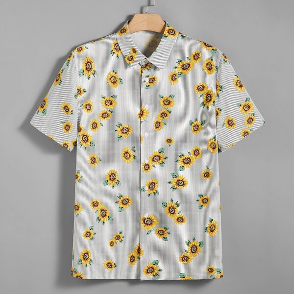 

Men Sunflower Print Striped Shirt, Multicolor