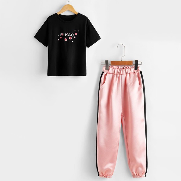 

Toddler Girls Letter & Floral Print Tee With Carrot Pants, Multicolor