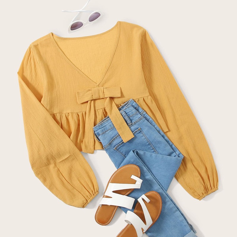 

Bow Front Ruffle Hem Crop Blouse, Yellow