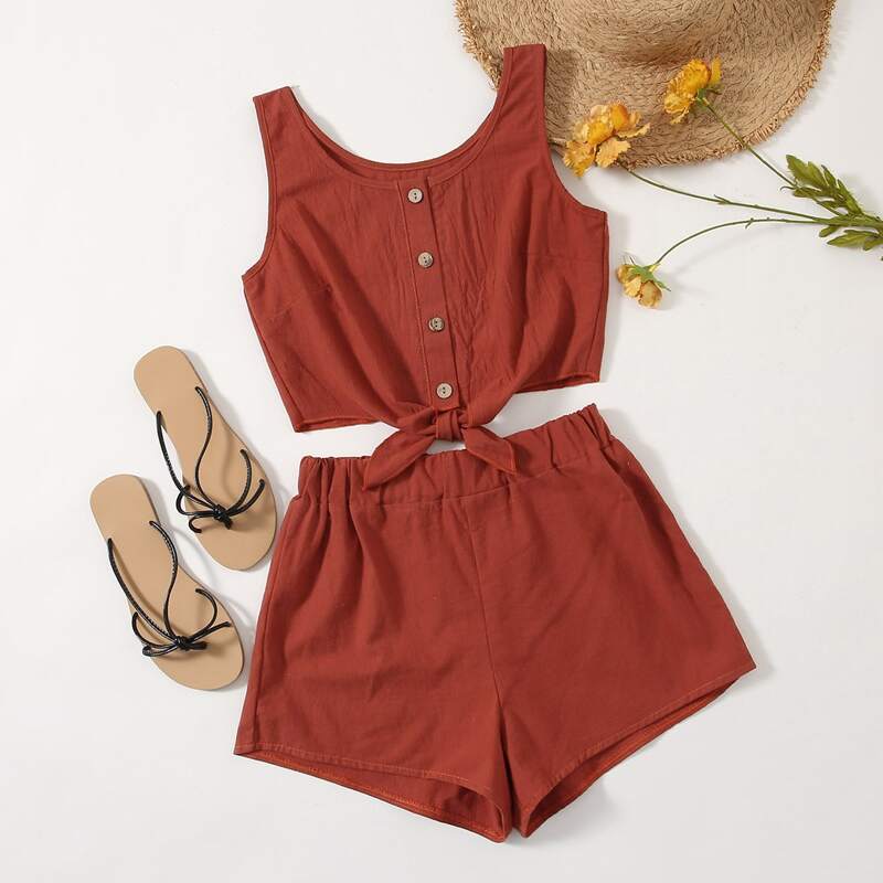 

Knot Hem Button Through Tank Top & Shorts, Burgundy