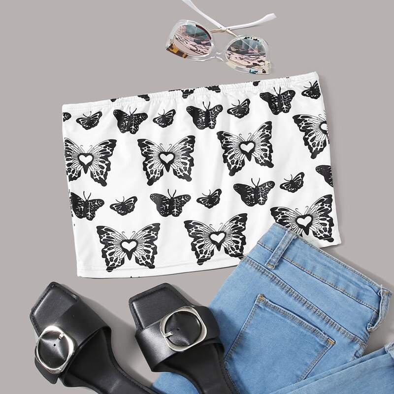 

Butterfly Print Tube Top, Black and white