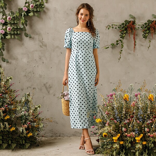 

Polka Dot Square Neck Puff Sleeve A-line Dress, Blue