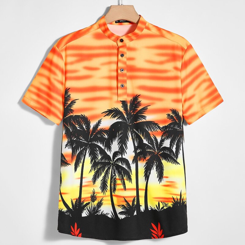 

Guys Buttoned Half Placket Tropical Print Shirt, Multicolor