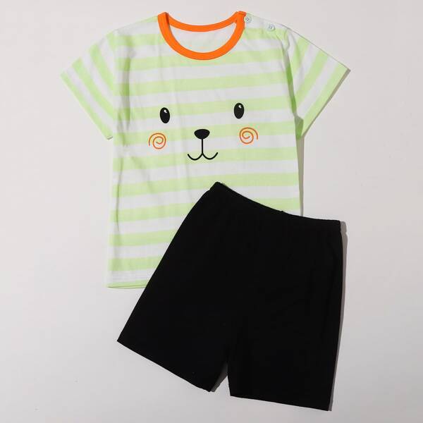 

Toddler Boy Cartoon Print Striped Ringer Tee & Shorts PJ Set, Multicolor