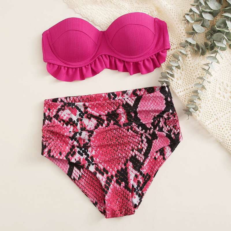 

Snakeskin Ruffle Trim Bandeau Bikini Swimsuit, Multicolor
