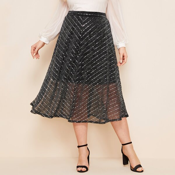 

Plus High Waist Glitter Skirt, Grey