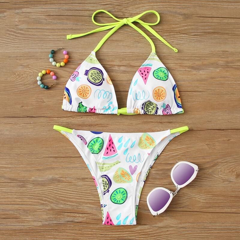 

Fruit Print Halter Triangle Tanga Bikini Swimsuit, Multicolor