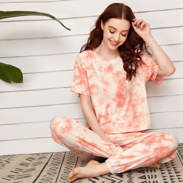 

Tie Dye Rib-knit Lounge Set, Orange