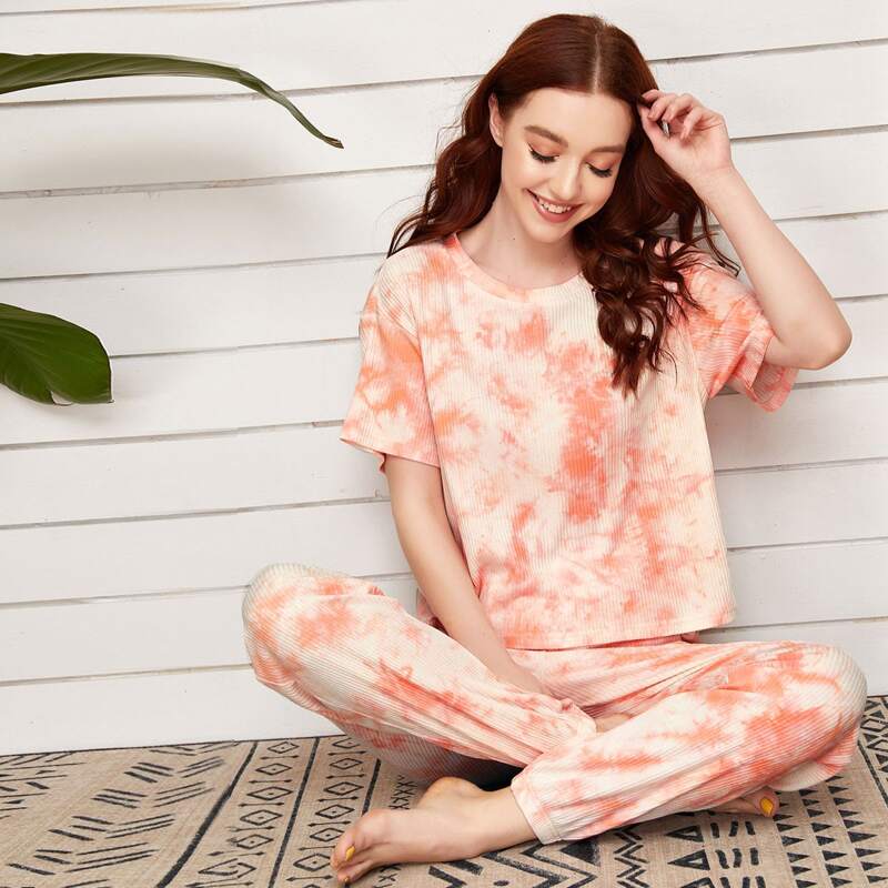 

Tie Dye Rib-knit Lounge Set, Orange