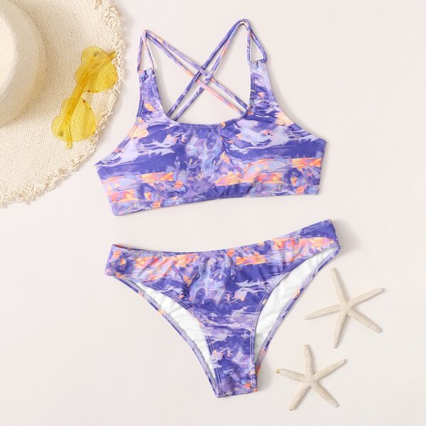 

Tie Dye Strappy Back Bikini Swimsuit, Multicolor