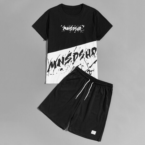 

Men Figure Graphic Colorblock Tee & Drawstring Track Shorts, Black