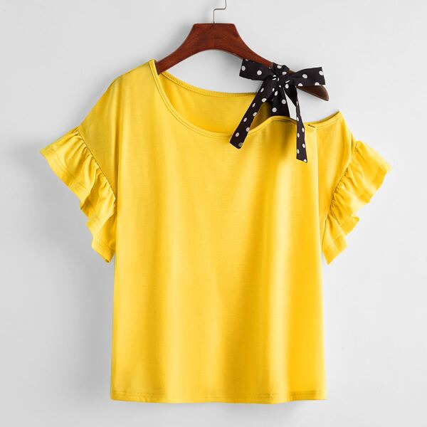 

Polka Dot Knot Asymmetrical Neck Tee, Yellow