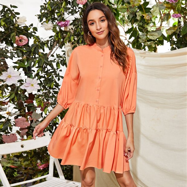 

Drop Shoulder Button Front Smock Dress, Orange