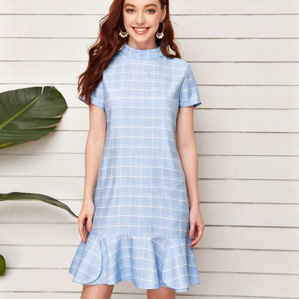 

Mock-neck Ruffle Hem Grid Print Dress, Blue