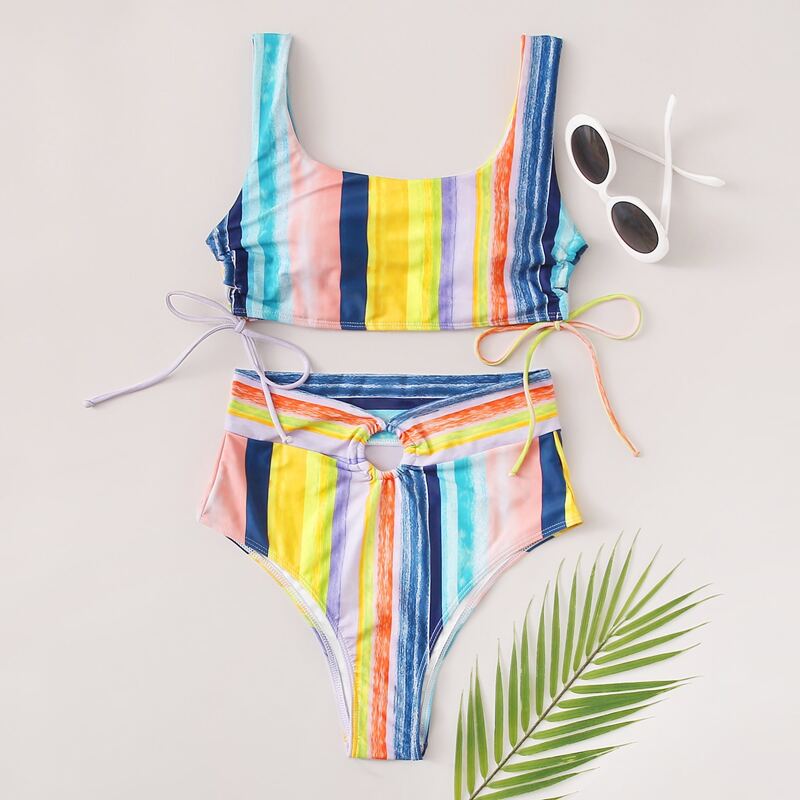

Striped High Waisted Bikini Swimsuit, Multicolor