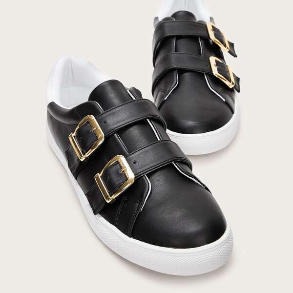 

Double Buckle Decor Sneakers, Black and white