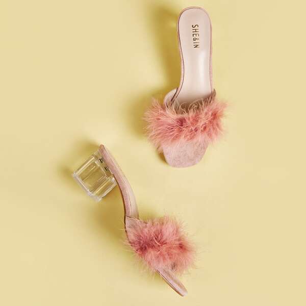 

Faux Fur Decor Chunky Heeled Mules, Pink