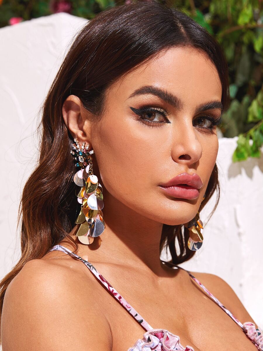 1 par pendientes largos con lentejuelas grabados con diamante de imitación vistoso - Multicolor - Ver 1