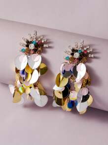 1 par pendientes largos con lentejuelas grabados con diamante de imitación vistoso - Multicolor - Ver 2