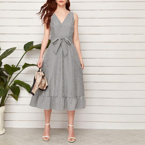 

Striped Self Tie Ruffle Hem A-line Dress, Grey