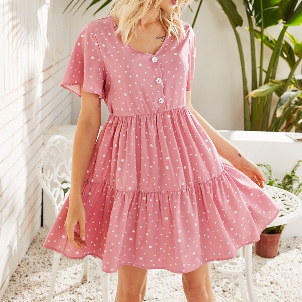 

Dalmatian Print Ruffle Hem Smock Dress, Pink